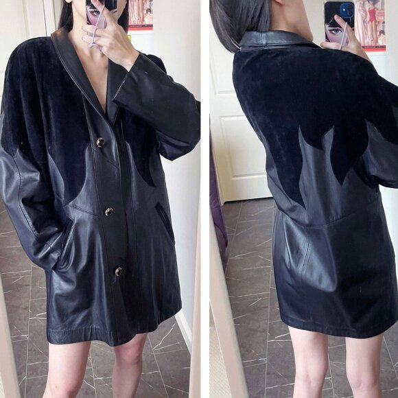 Vintage Black Leather Trench Coat: Oversized 80s/90s Patchwork Jacket (M-2XL) - Picture 4 of 9